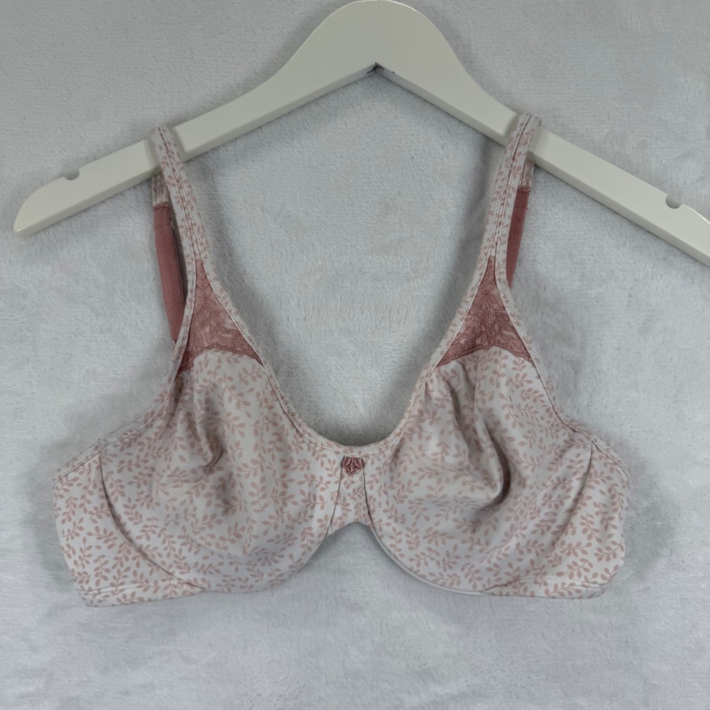 Bali 3385 Womens White Pink Floral Leaf Print Underwire Bra‎ 34C Lace Trim